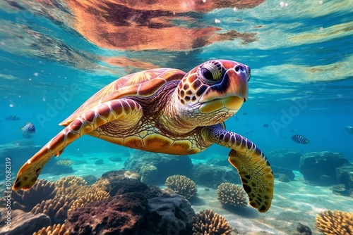 Vibrant sea turtle swimming underwater