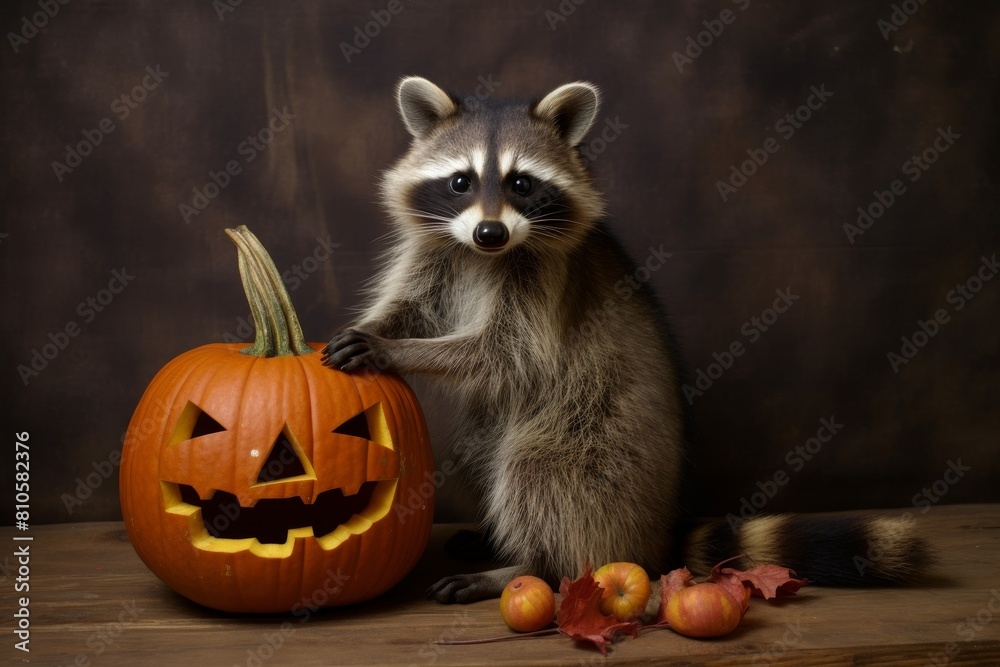 Obraz premium Raccoon with halloween pumpkin