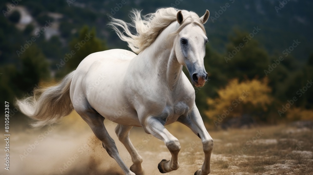 Majestic white horse running in the countryside Majestic white horse running in the countryside