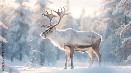 majestic reindeer standing in snowy winter forest