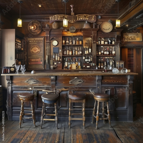 Vintage Western Saloon Interior with Wooden Bar and Antique Decor