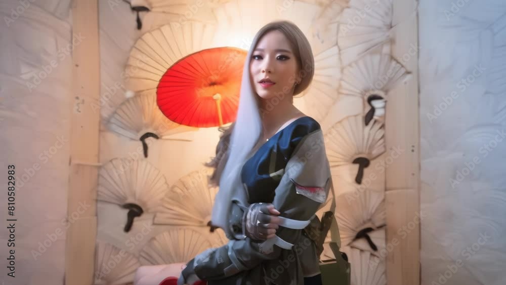 A woman in a flowing, Asian-inspired outfit stands with red fans spread wide, her expression fierce and determined. The smoky atmosphere adds drama and a sense of power to the portrait. 