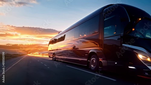 Modern touristic coach bus for comfortable travel on intercity highways with passengers. Concept Comfortable Seats, Onboard Entertainment, Spacious Interior, WiFi Connection, Panoramic Windows photo