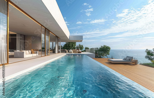  A modern house with an infinity pool on a cliff, overlooking the ocean on an island of Monaco. Created with Ai © Design Dockyard