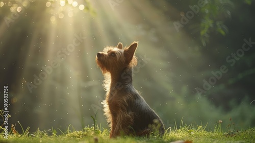  A small dog gazes up at the sun filtering through tree branches, located in the grass