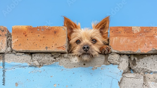  A small brown dog sticks its head out from a brick wall © Wall