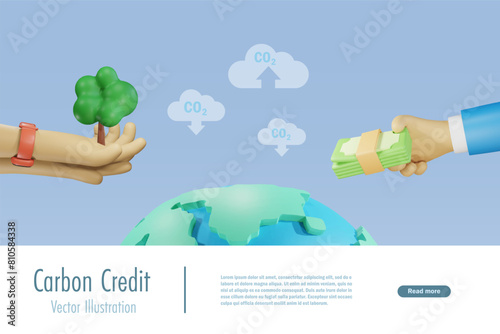 Carbon credit, reducing CO2 emission by growing tree. Hand holding tree to gain money from carbon credit. Ecology, clean environment and green investment. 3D vector.