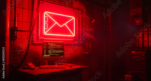 A red neon light illuminates the dark room