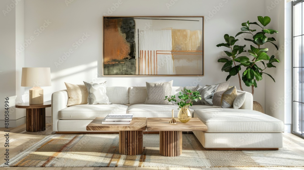 Fototapeta premium Modern Living Room Interior Design with a Colorful Abstract Painting Displayed on the White Wall. Wooden Furniture, White Sofa, Coffee Table, Window, and Green Plant Decoration