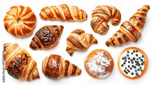 Set of tasty fresh bakery on white background