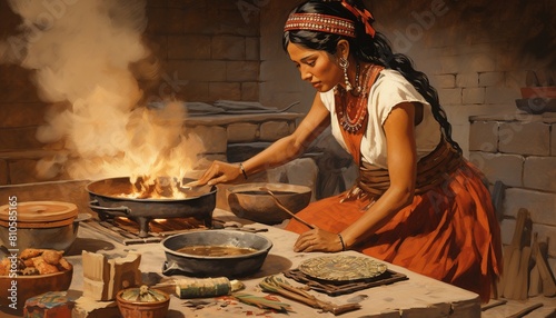 illustration of mayan woman cooking, prehispanic people in the kitchen photo