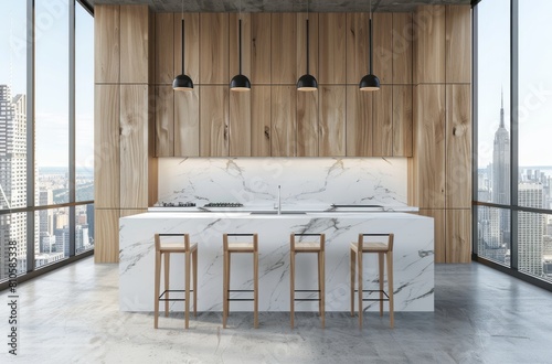 3D rendering of a white marble kitchen island with barstools in front  light wood cabinets on the sides and a concrete floor
