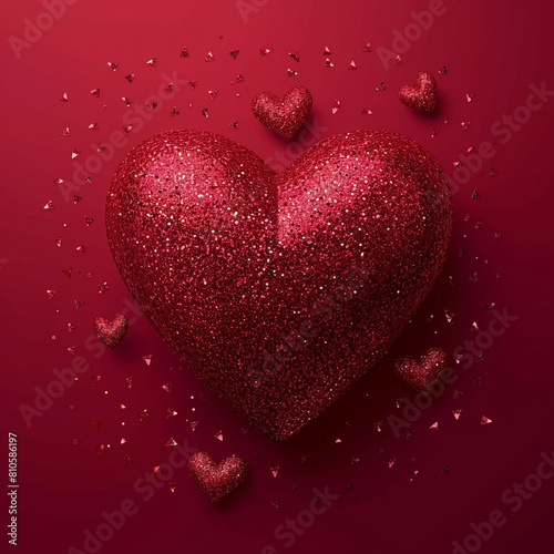 An elegant heart-shaped confetti explosion vector illustration with shimmering pink and red glitter particles against a deep burgundy background photo