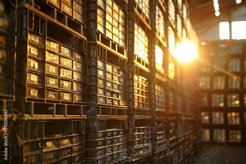 Metal crates stacked in a warehouse under harsh lighting  highlighting textures and labels