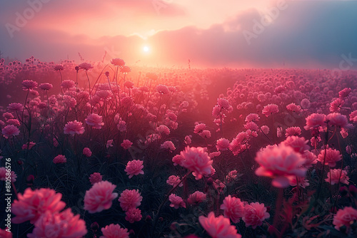 A beautiful field of pink and red flowers  bathed in the warm glow of sunrise  creating an enchanting scene with soft focus and a dreamy atmosphere. Created with Ai