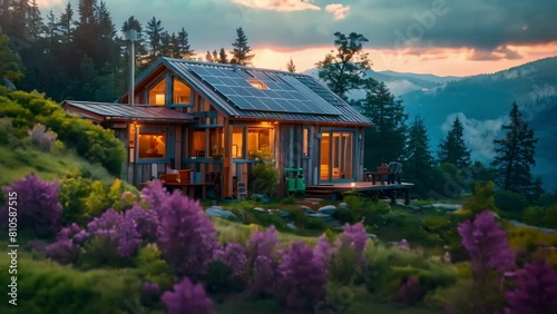 Sustainable living in a small off-grid mountain home with rainwater harvesting and solar power. Concept Off-grid living, Sustainable practices, Rainwater harvesting, Solar power, Mountain home photo