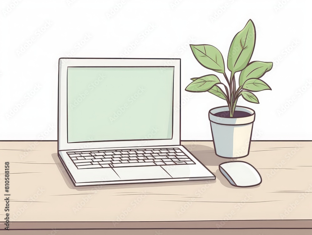 Fototapeta premium clean desk setup with a laptop and single plant