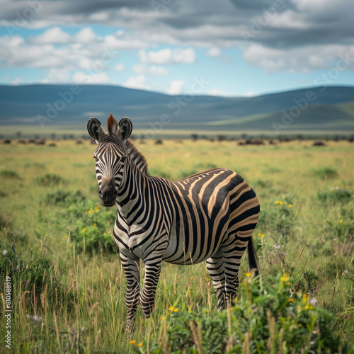 Zebra Standing in Lush Green Field with Scenic Background