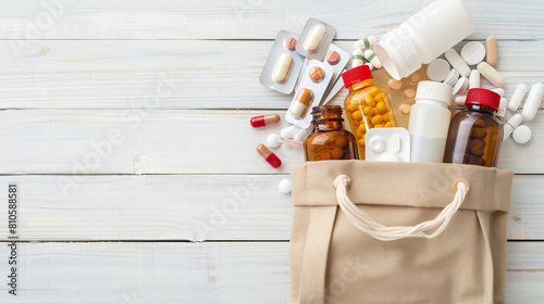 Shopping bag with different medicines on white wooden