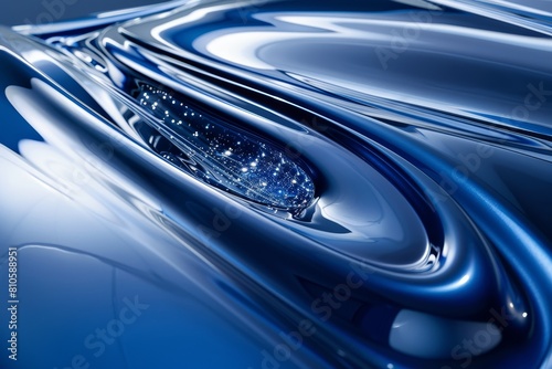 Capturing the automotive beauty of a metallic blue car with a sleek design, focusing closely on its curves and lines