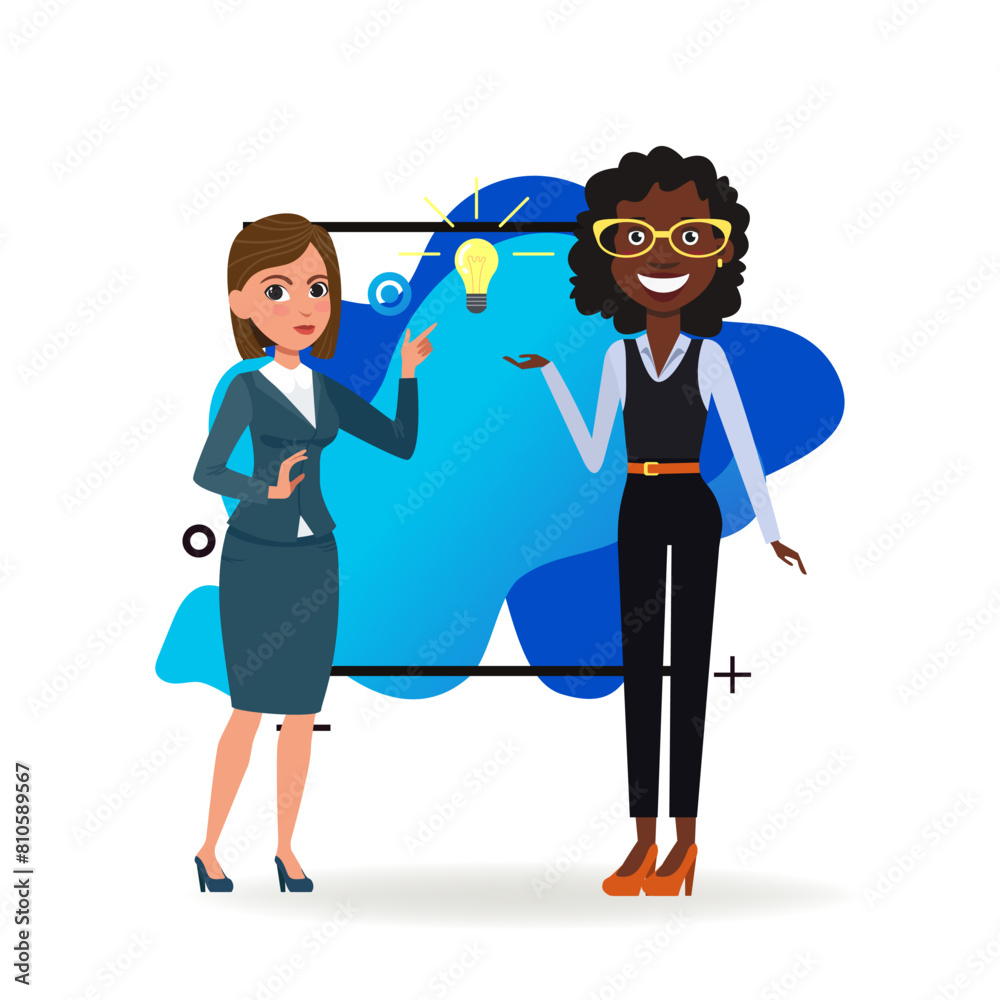 Two businesswomen with lightbulb. African American and Caucasian characters in formal wear having new idea for business. Vector illustration. Business, startup, success concept for banner, web design Two businesswomen with lightbulb. African American and Caucasian characters in formal wear having new idea for business. Vector illustration. Business, startup, success concept for banner, web design