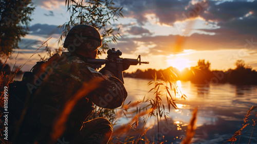 Silhouette of soldier in camouflage taking aim  photo
