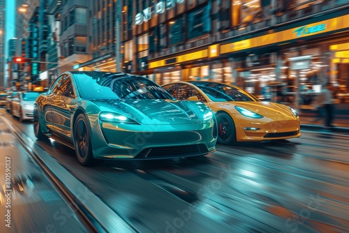  Vibrant colored electric cars speeding across a minimalist stage of abstract random colors patterns  emphasizing the theme of sustainable mobility with a sense of dynamic energy.
