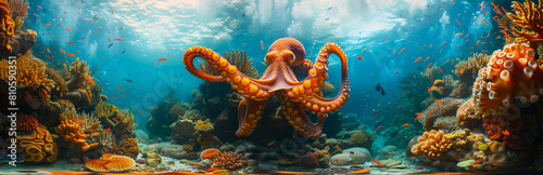 The magnificent octopus Panoramic wide view Underwater Scene Tropical Seabed With Reef And Sunshine