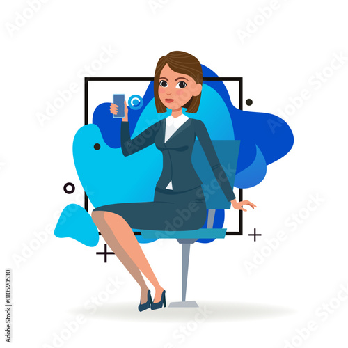 Businesswoman using mobile phone. Female character in formal suit sitting in office chair and talking on smartphone. Vector illustration. Business, communication, technology concept for website design