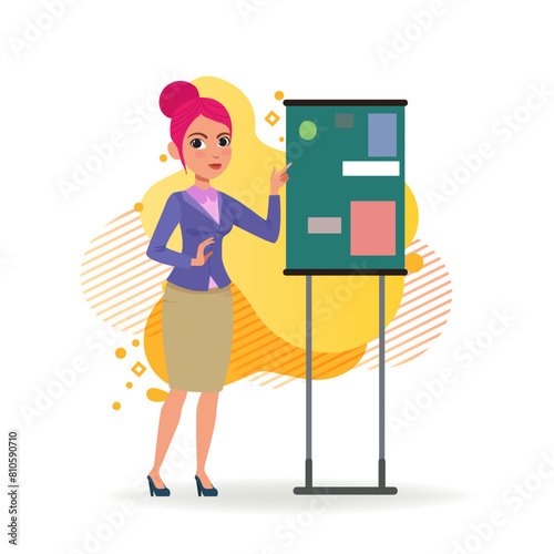 Female business leader giving presentation. Cartoon characters in formal wear near flipchart. Flat vector illustration. Business, leadership concept for banner, website design, landing page