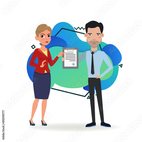 Two business partners with signed agreement. Female and male cartoon characters in formal wear. Flat vector illustration. Business, partnership, contract concept for banner, web design, landing page