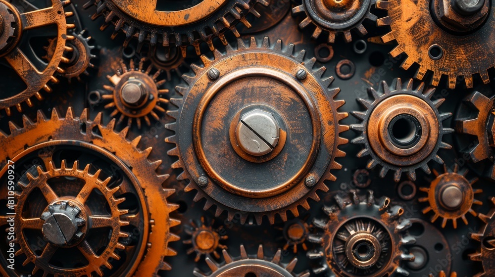 Old metal gears and machinery parts displayed on a wooden table, steampunk inspiration, detailed close-up Old metal gears and machinery parts displayed on a wooden table, steampunk inspiration, detailed close-up