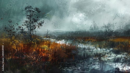 A moody, weathered landscape featuring a blend of abstract elements in a rainy scene. photo