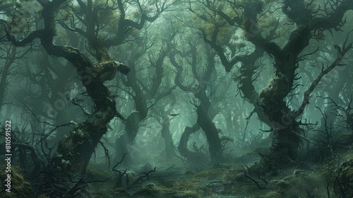 A mist-shrouded forest with twisted trees and ethereal light filtering through the canopy.