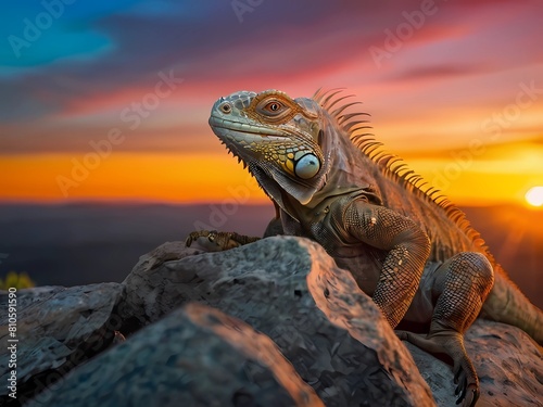 colorful iguana  on the rocks basking in the evening sun.