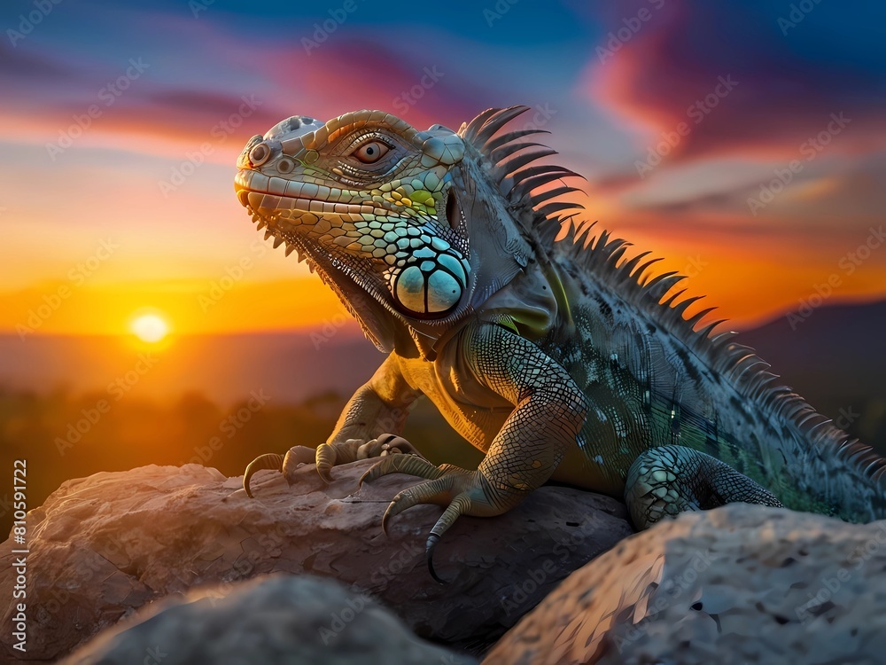 Fototapeta premium colorful iguana, on the rocks basking in the evening sun.
