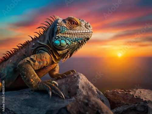 colorful iguana  on the rocks basking in the evening sun.