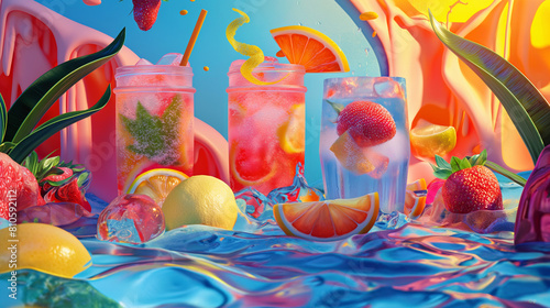 Vibrant Summer Drinks with Splashing Water and Citrus Fruit