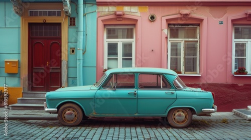 Vintage Turquoise Car Parked in Front of Colorful Urban Houses © Anastasiia