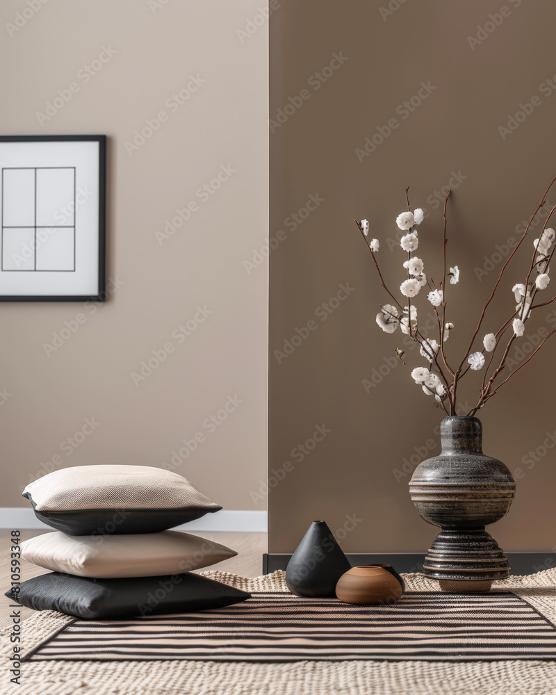 Minimalist zen interior design composition in clean tones with natural elements and window lighting. Relaxing serene interiors, meditation spaces. Minimalist zen interior design composition in clean tones with natural elements and window lighting. Relaxing serene interiors, meditation spaces.