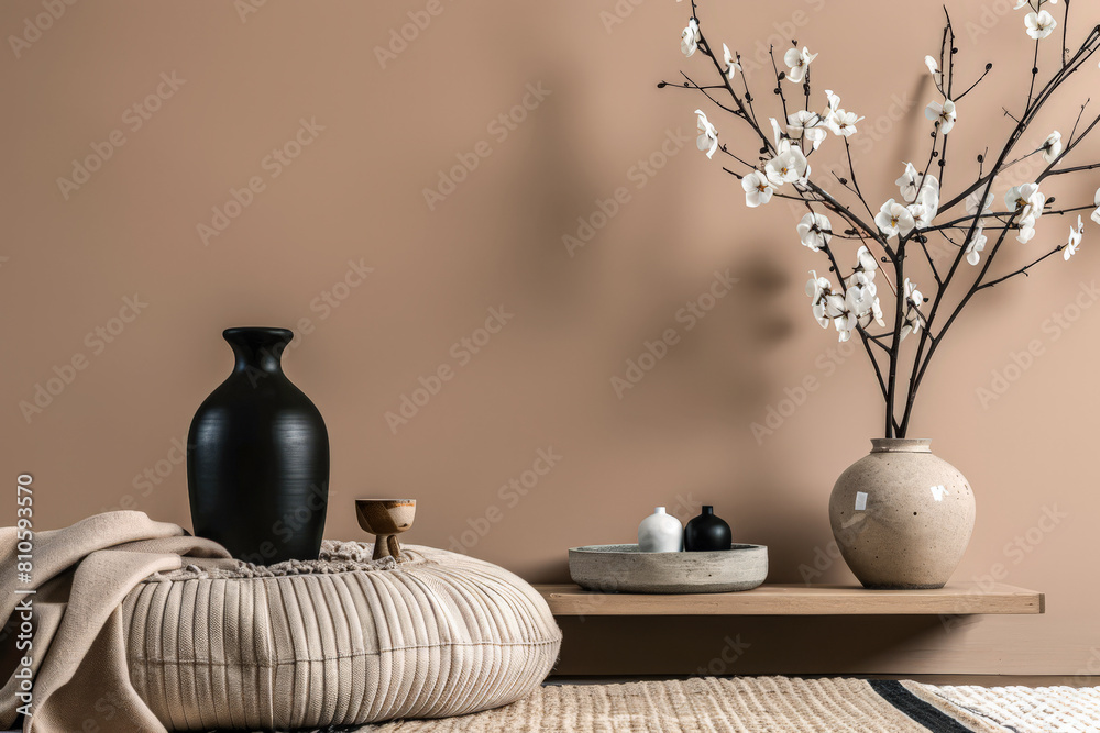 Minimalist zen interior design composition in clean tones with natural elements and window lighting. Relaxing serene interiors, meditation spaces.