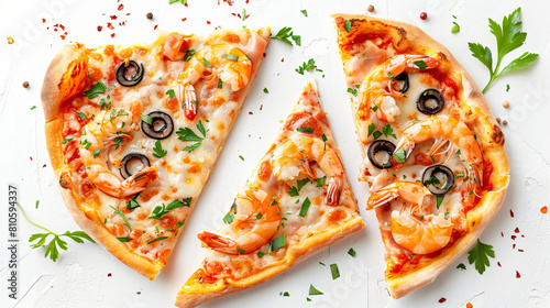 Slices of tasty seafood pizza isolated on white background