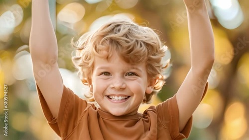 Photo of a joyful young boy celebrating victory with raised fists. Concept Outdoor Photoshoot, Joyful Portraits, Celebratory Moments, Boyhood Happiness, Victory Pose photo