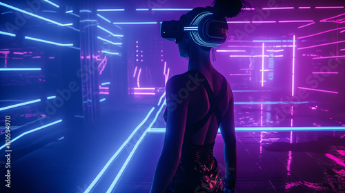 Back View of a Woman with VR Headset in a Neon-lit Cyberpunk Setting