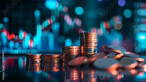 Strategic financial growth: coin stacks and ascending trading graphs illustrating investment success in stock market, banking, digital economy, and cryptocurrency ventures on a dark backdrop