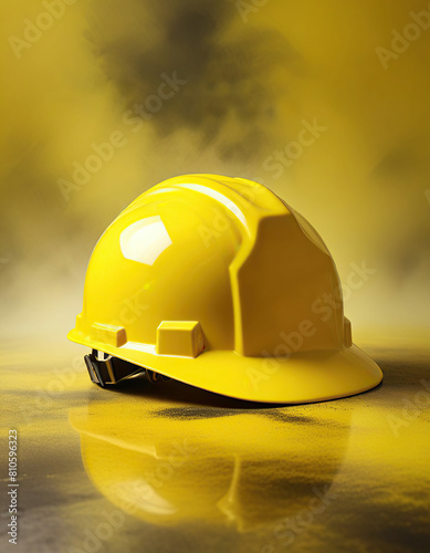 Hard hat on a yellow background. 3d illustration. Copy space.