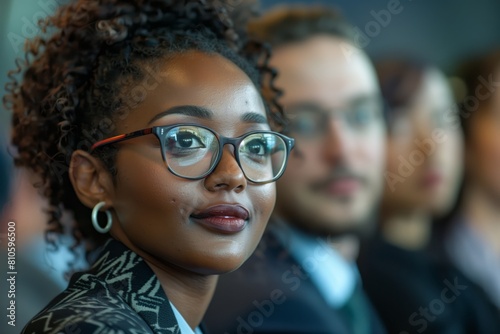 Young Professional Businesswoman at Conference. Young African American businesswoman attentively participates in a conference, her glasses reflecting detailed projections.