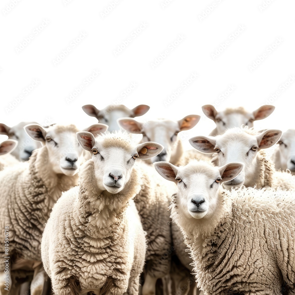 a herd of sheep all looking towards the camera isolated on white background  