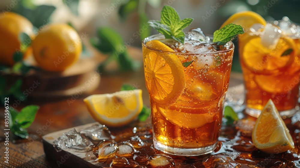 Tall glass of iced tea with lemon slices and mint leaves, showing condensation on the outside, creating an appealing and cooling drink. Tall glass of iced tea with lemon slices and mint leaves, showing condensation on the outside, creating an appealing and cooling drink.