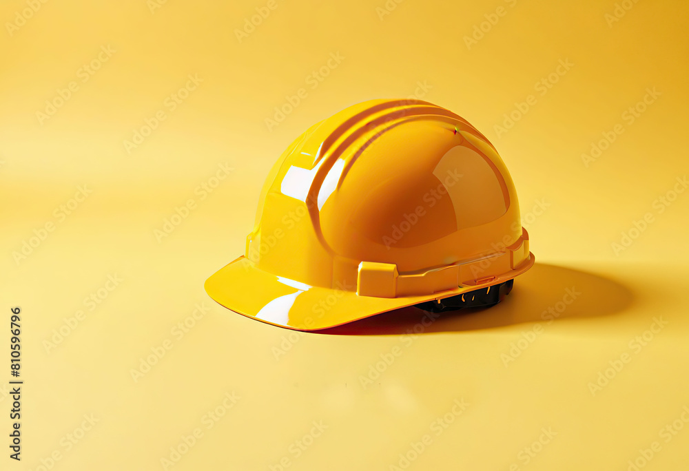 Hard hat on a yellow background. 3d illustration. Copy space.